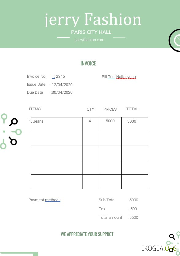 Modèle de facture de magasin de mode